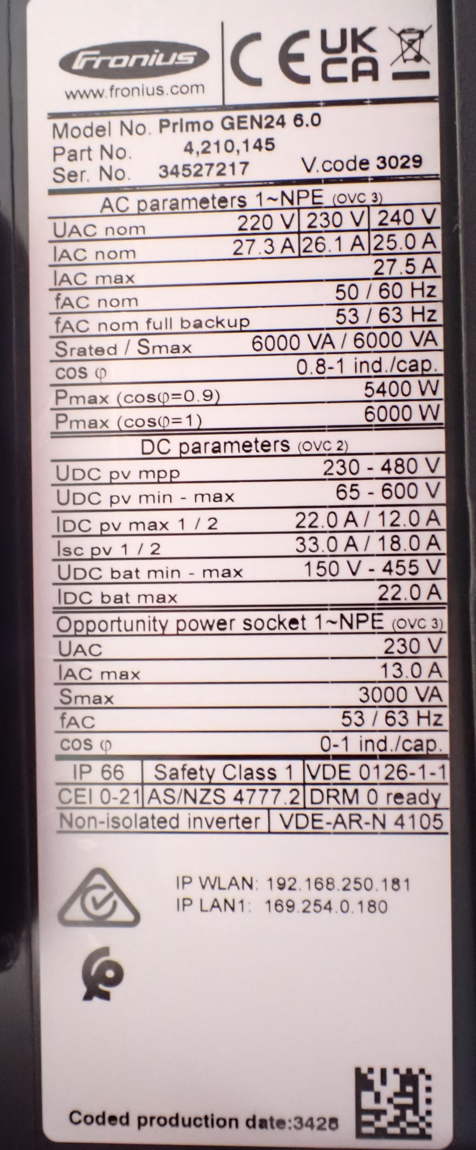 Fronius Primo GEN24 Inverter Label